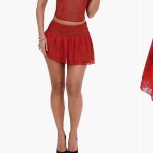 Red Lace Asymmetrical mini Skirt